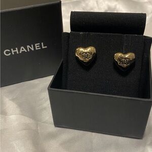 CHANEL Vintage Gold Heart Earrings Studs with Black CC Emblem